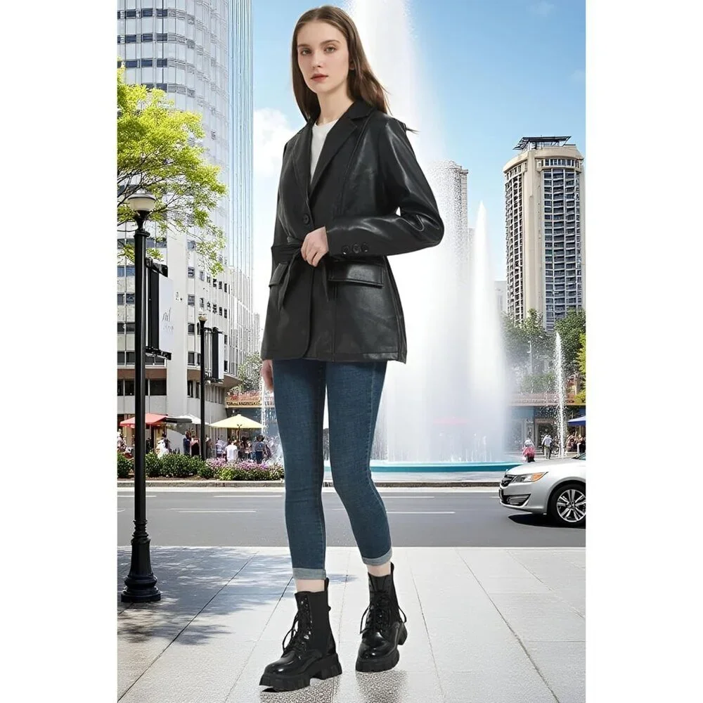 Women's Black Faux Leather Blazer Jacket Soft Casual Lapel Button Down Coat - Picture 3 of 6